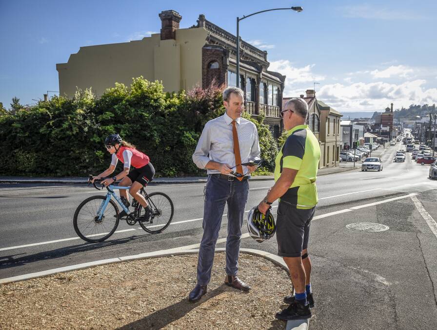 FEEDBACK: Infrastructure Minister Michael Ferguson discusses the cycling upgrades with Tamar Bicycle Users Group president Malcolm Reid. Picture: Craig George