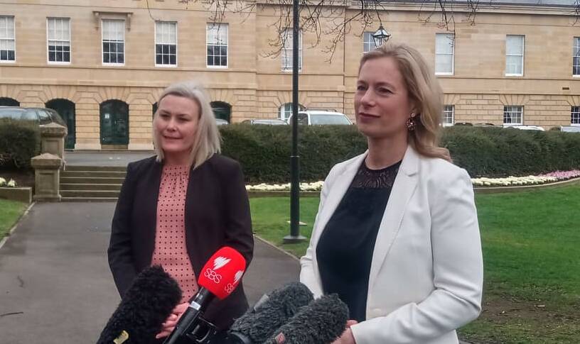 Labor deputy leader Anita Dow and leader Rebecca White address the media ahead of another parliamentary party meeting in Hobart to discuss the David O'Byrne matter. Picture: Adam Holmes