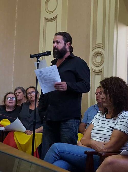 Adam Thompson speaks to City of Launceston councillors about the motion to withdraw support for Australia Day. Picture: Adam Holmes