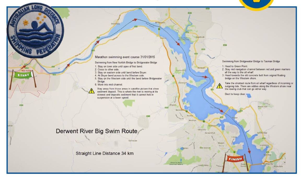 The route taken on the 34-kilometre swim from New Norfolk to the Tasman Bridge.