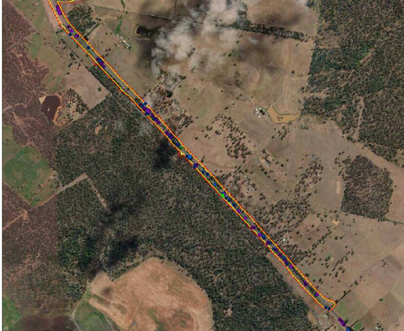 Dots indicate various types of reported road kill incidents between 2018 and 2020 on a portion of the Midland Highway between Epping Forest and Cleveland. Image: Jacobs Australia