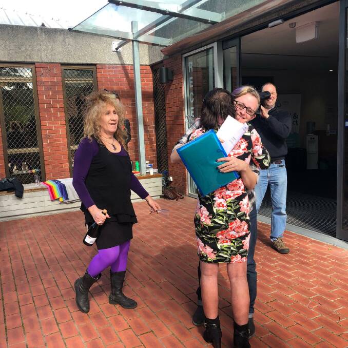Transforming Tasmania's Martine Delaney, Francene Jacques and Roen Meijers celebrate after the laws passed parliament last year. Picture: supplied.