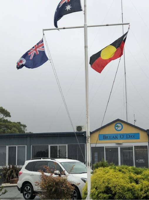 The Aboriginal flag will now fly weekdays alongside the Australian and Tasmanian flags at Break O'Day Council offices in St Helens. Picture: Supplied