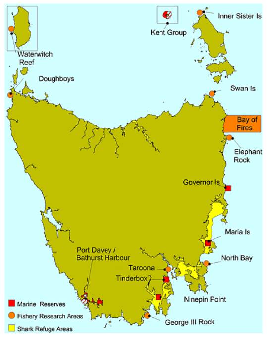 Tasmania's marine protection areas, not including the Macquarie Island Marine Park. Marine parks are at Governor Island and Tinderbox. Image: DPIPWE