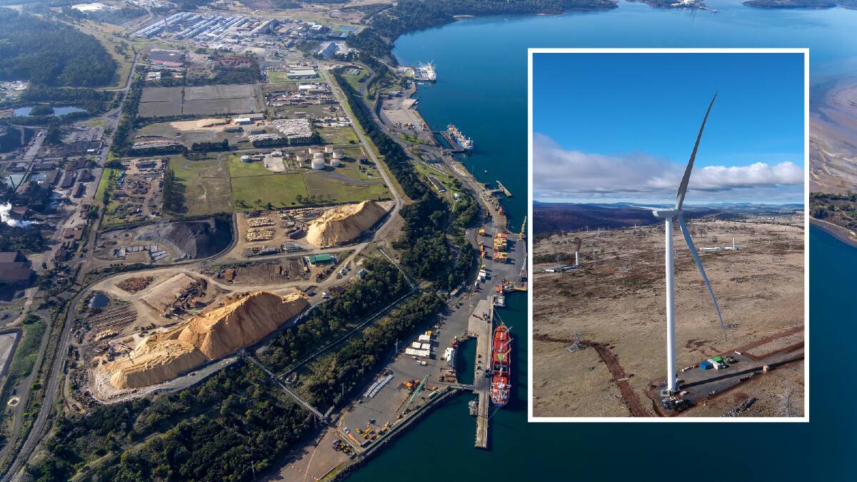 Some of Australia's biggest energy companies are eyeing a 'green' hydrogen and ammonia production industry at Bell Bay, but Tasmania will need greater power generation capacity. Pictures: TasPorts/Goldwind Australia