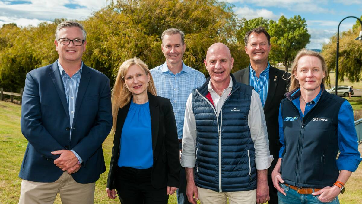 Simon Wood, Lara Alexander and Greg Kieser (back right) with the Liberals' heavy hitters in Bass Michael Ferguson, Peter Gutwein and Sarah Courtney. Picture: Phillip Biggs
