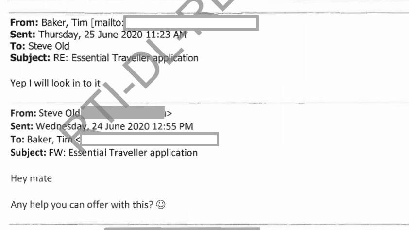 The emails between Steve Old and Tim Baker regarding Rodger Powell's essential traveller application.