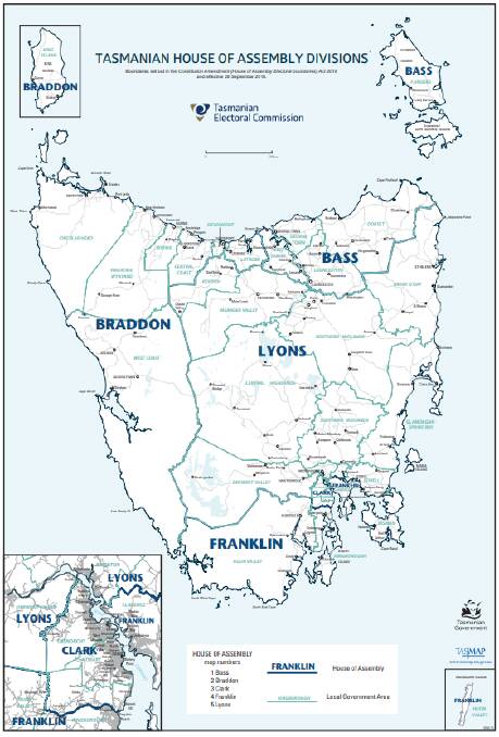 Tasmania's five lower house divisions, each with five members. There are calls to have seven members in each instead, as occurred from 1959 to 1998.