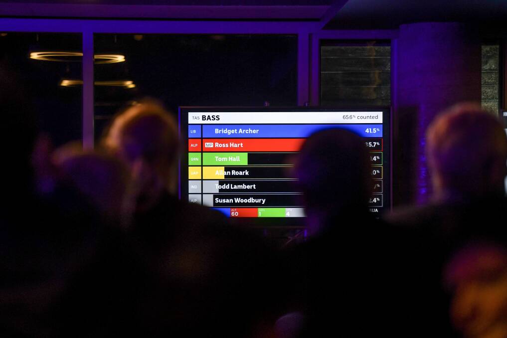 Liberal Party supporters watch as the national coverage points to a win in Bass. Picture: Scott Gelston