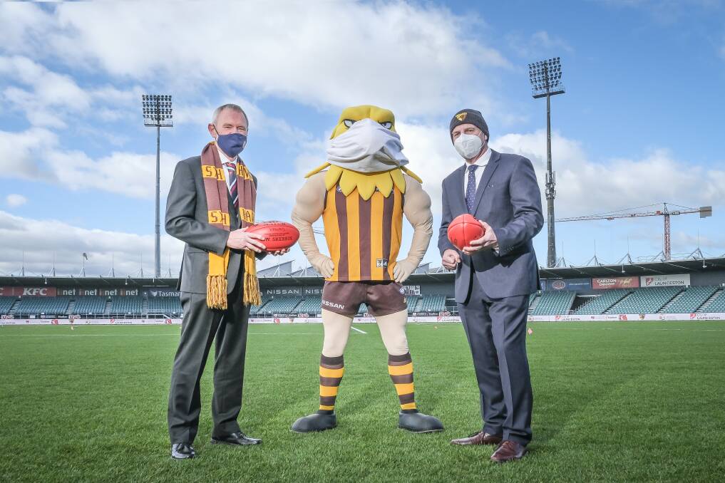 Launceston mayor Albert van Zetten and Premier Peter Gutwein ahead of the recent Hawthorn-Brisbane clash in Launceston. The city has continued to host matches during the pandemic, subject to restrictions. Picture: Craig George