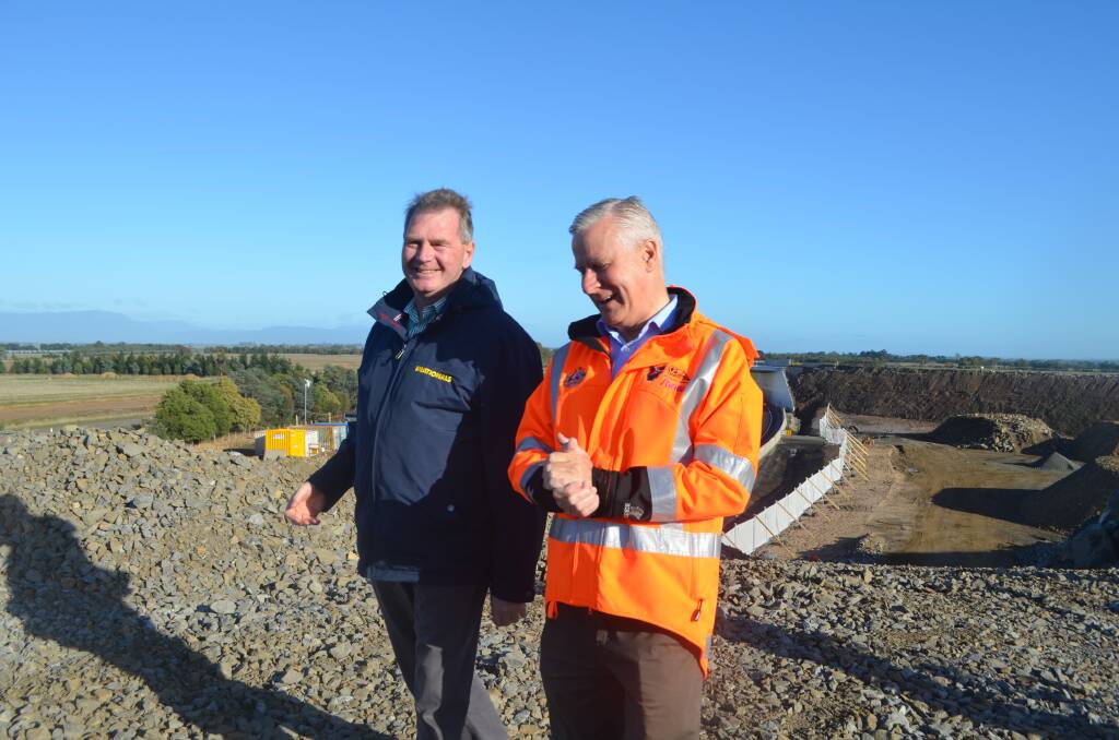 Nationals Senator Steve Martin with party leader Michael McCormack at the works site on Illawarra Main Road near Perth. Picture: Adam Holmes