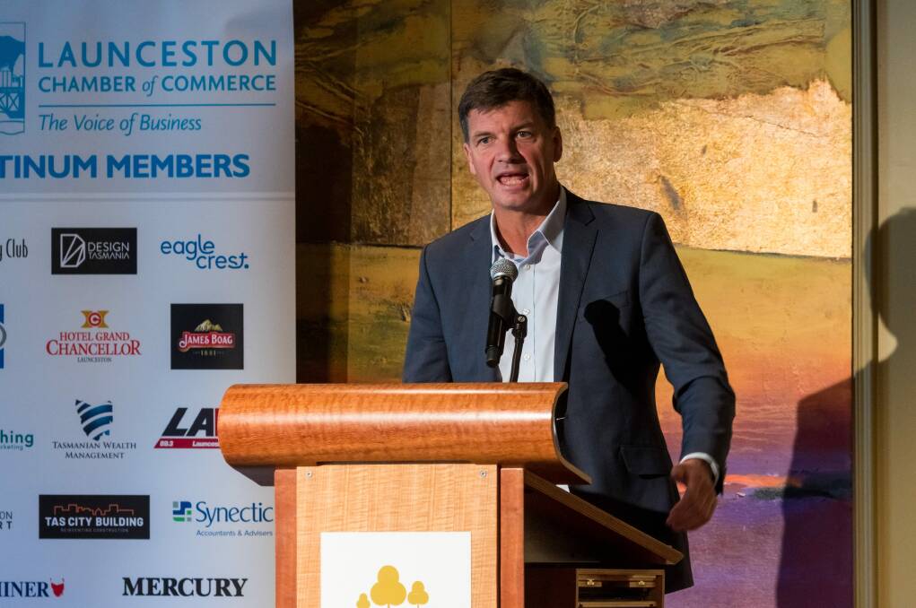 Industry Minister Angus Taylor speaks at a hydrogen industry event in Launceston last year. Picture: Phillip Biggs