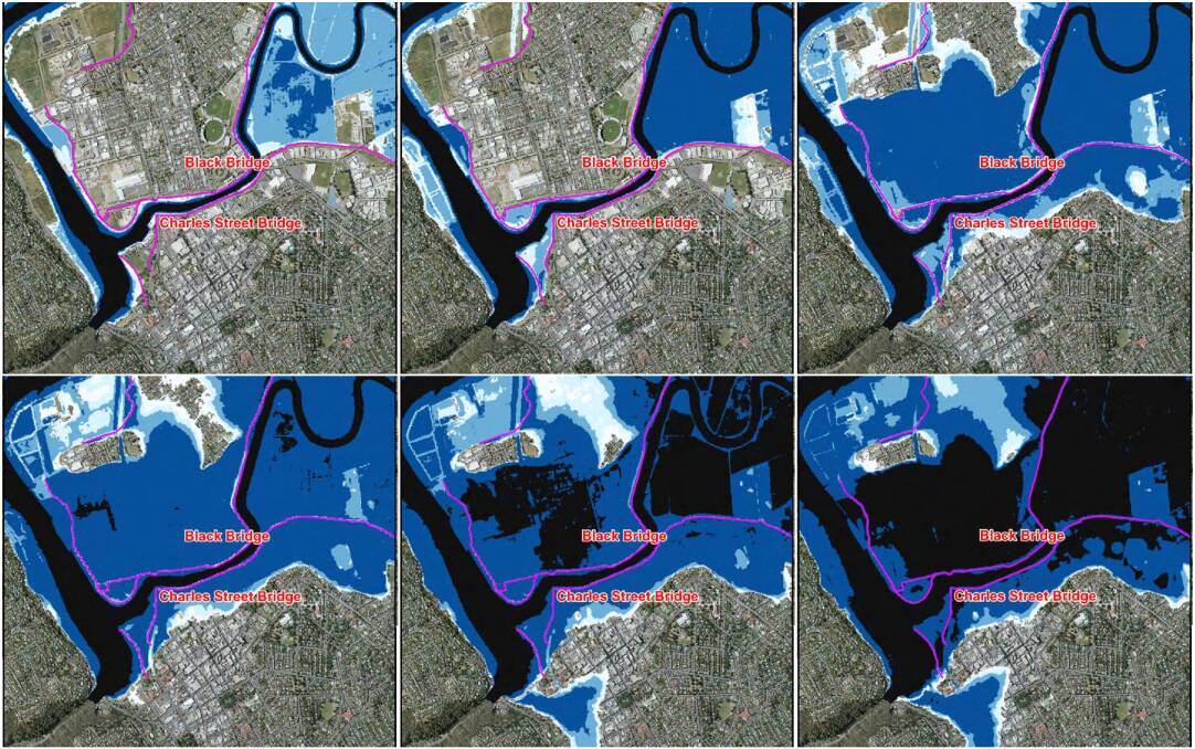 Modelling shows the inundation levels in Launceston from flood events, ranging from (top row) one-in-20, one-in-100, one-in-200 to (bottom row) one-in-500, one-in-1000 and one-in-2000. Blue: 2-5m flooding, black: >5m flooding. Image: BMT