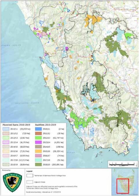 The green areas show the wilderness areas burned during last summer's Tasmanian bushfires. Image: AFAC