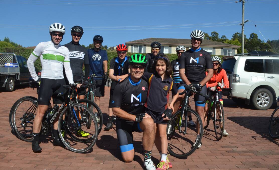 Jonty and Emma Barnett with some of the cyclists participating in the first StGiles fundraising ride around Tasmania. Picture: Adam Holmes