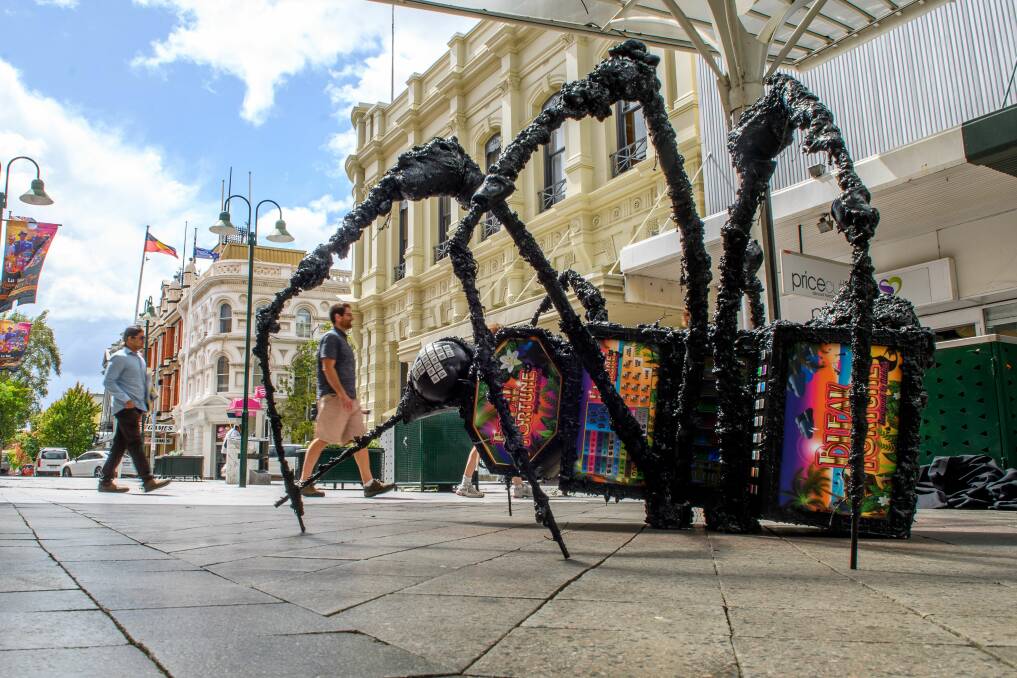 A "pokies parasite" sculpture in Launceston's Brisbane Street Mall in 2018. Since that election campaign, Labor has stepped back from its anti-pokies stance. Picture: Scott Gelston
