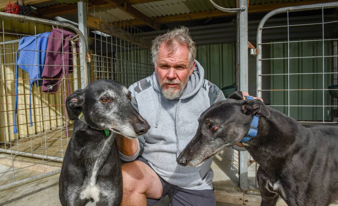 Anthony Bullock on his Exeter property with retired greyhounds Classic Joel and Hellyer Bolt. He has not held a council kennel licence for 10 years. Picture: Paul Scambler