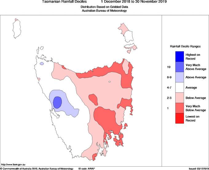 Rainfall deciles in Tasmania for the past 12 months. Image: BOM