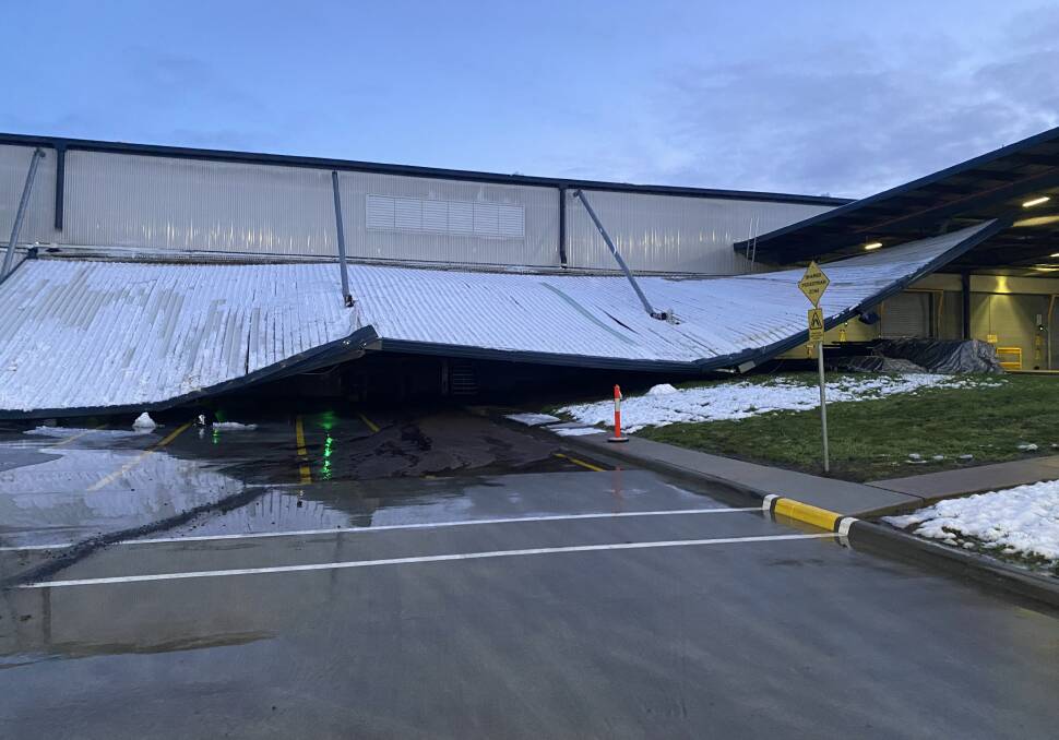 Damage to the roof of the Tasmanian Regional Distribution Centre at Western Junction, which could result in short-term supply issues for supermarkets. Picture: supplied