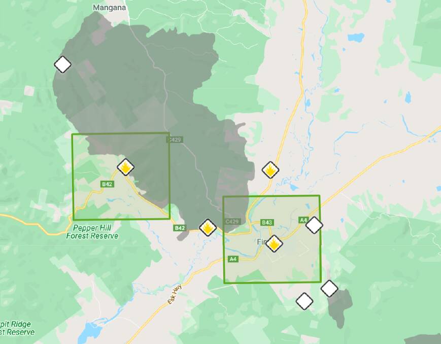 The areas of bush burnt in the Mangana Road fire, including the spotted fire to the south of Fingal. The fire was stopped on the town's north-west fringe. Image: TFS