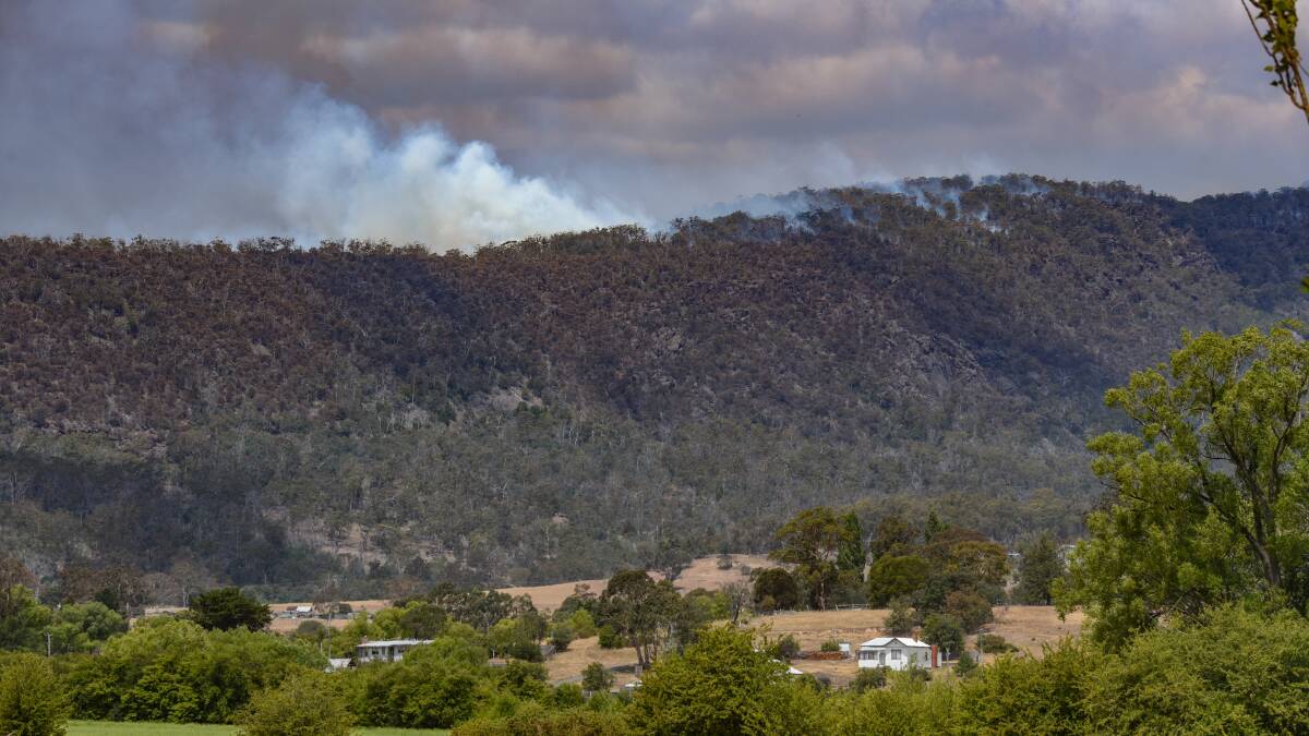 Smoke from the fire on the Dickie Ridge and Mount Puzzler reserves to Fingal's south-east. This fire could spread towards the Douglas-Apsley National Park on Saturday, caused by spotting embers from the Mangana Road fire. Picture: Paul Scambler