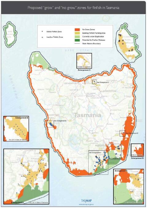 A map of proposed "grow" and "no grow" areas for finfish aquaculture in Tasmania. Source: DPIPWE, Sustainable Industry Growth Plan for the Salmon Industry