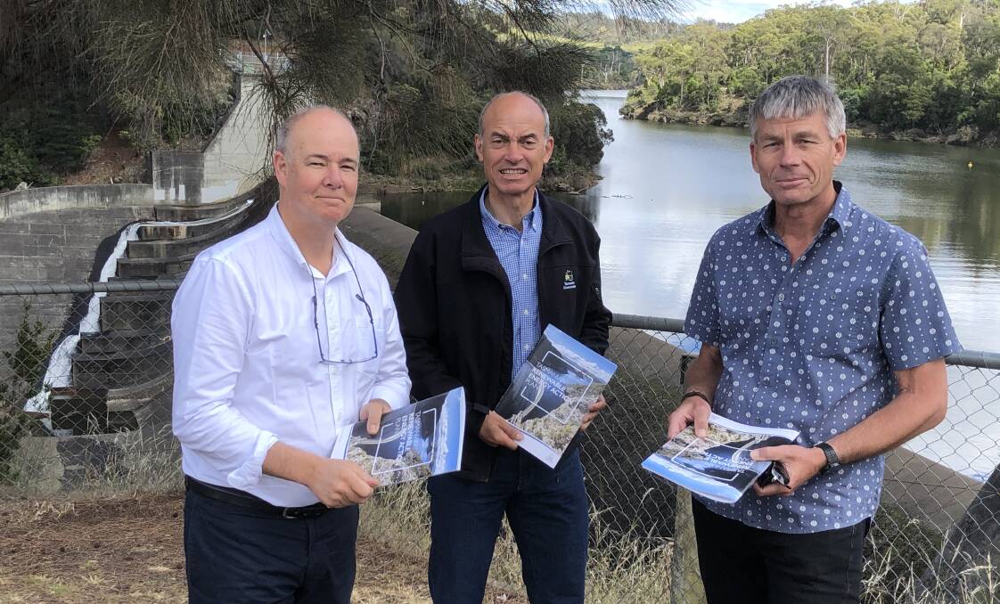 Launceston Chamber of Commerce's David Peach, Energy Minister Guy Barnett and Tasmanian Mineral Council CEO Ray Mostogl at Trevallyn Dam on Saturday. Picture: Supplied