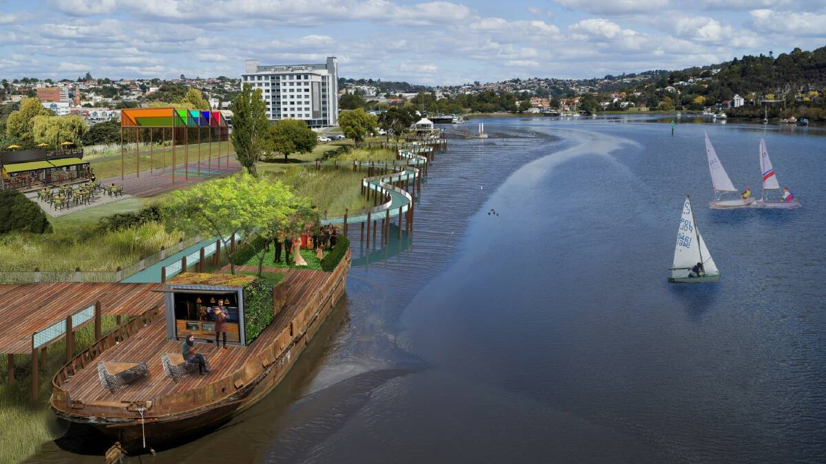 An early illustrative concept of the walkway around re-established wetland, leading to Kings Wharf where a cultural hub and cafes could be established. Image: TEMT/Department of State Growth