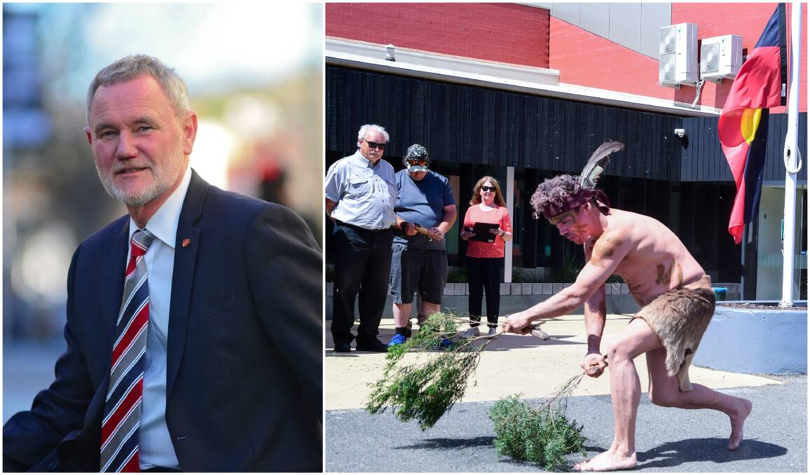 Mayor Albert van Zetten spoke at the launch of NAIDOC Week in Launceston on Monday, while Nathan Pitchford delivered a traditional dance as a welcome. Picture: Neil Richardson