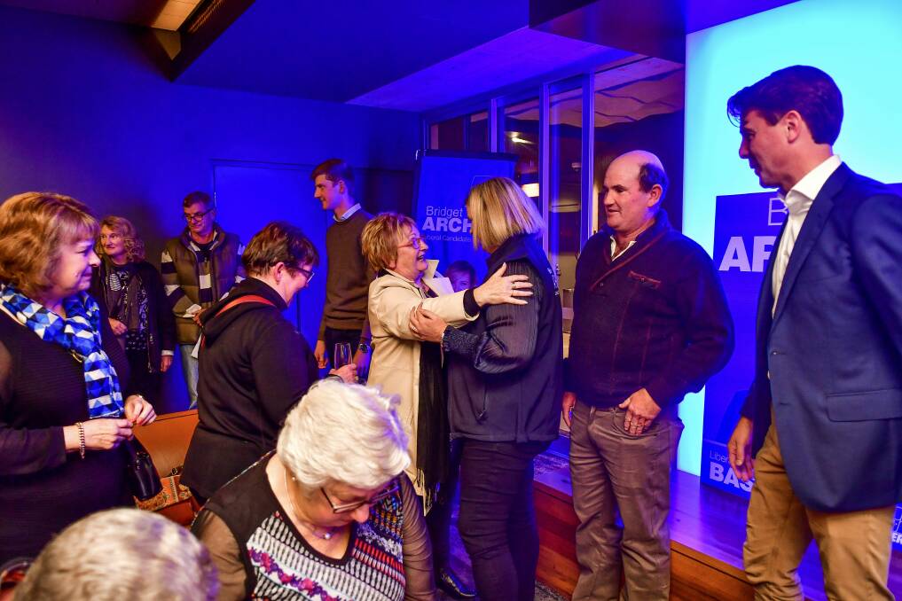 Supporters congratulate Bridget Archer as she arrives at the Liberal Party event in Launceston. Picture: Scott Gelston