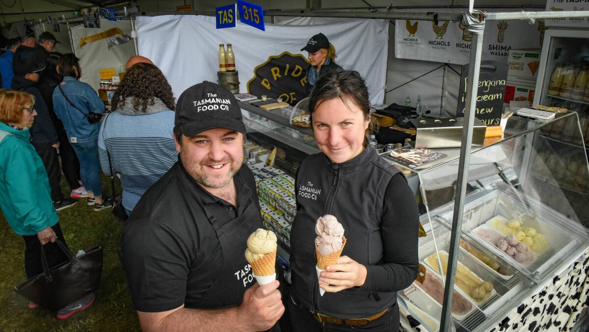 CREAM: David Bennett and Kiri Griffin of The Tasmanian Food Co, with the Pyengana native  Pepperberry and Wattle seed flavoured ice creams, at Tasmanian Craft Fair. Picture: Paul Scambler.