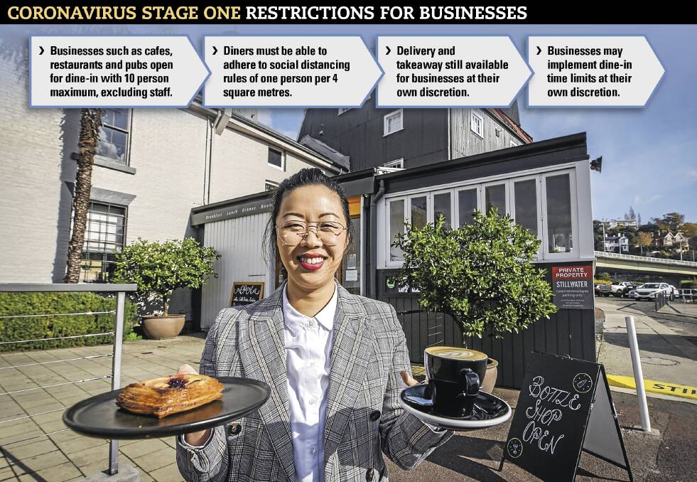 Back in business: Stillwater co-owner Bianca Welsh ready to serve up to 10 diners at the cafe/restaurant. NOTE: only pubs that serve meals can reopen where possible under stage one restrictions, alcohol-only venues must remain closed. Picture: Paul Scambler