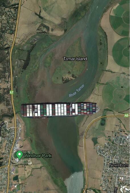 My draft design for a fix to traffic on the West Tamar Highway - lodge a cargo ship in it and use it as a bridge (duh).