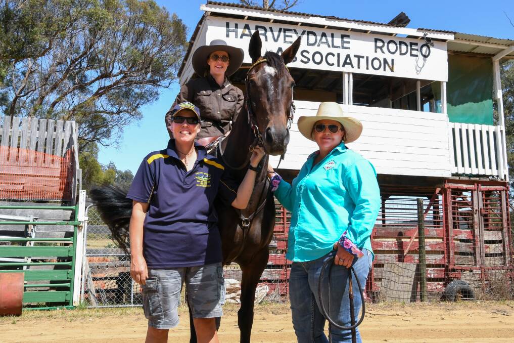 Ride on: Tasmania Mountain Cattlemens Accociation president Tracey Boon, Olivia Barnard with her horse Graphic and secretary Danza Hardwicke preparing for this weekend's Get Together. Picture: Neil Richardson 
