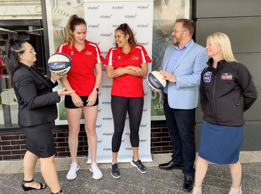 Ready: StLukeshealth's Kitty Street and Darren Harris with Torns' Keely Froling, Teyla Evans and Sarah Veale. Picture: Harry Murtough