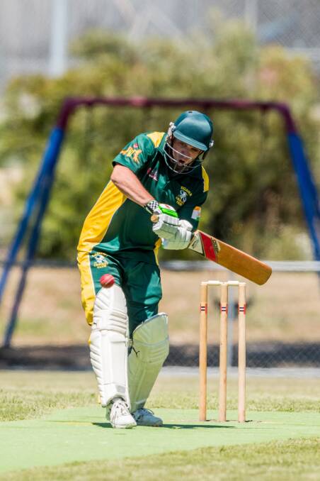 Legana batsman Sam Howe defends his wicket against Perth.