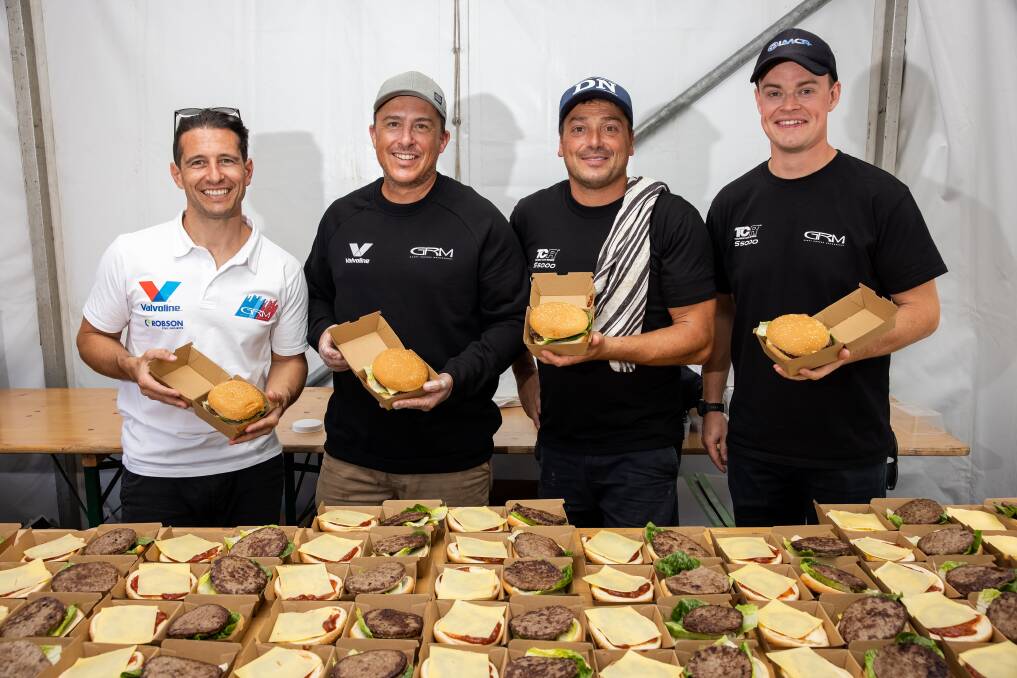 Lunch is served: TCR and Supercars driver Michael Caruso with chefs Dan Mackay and Dom Butera. Picture: supplied