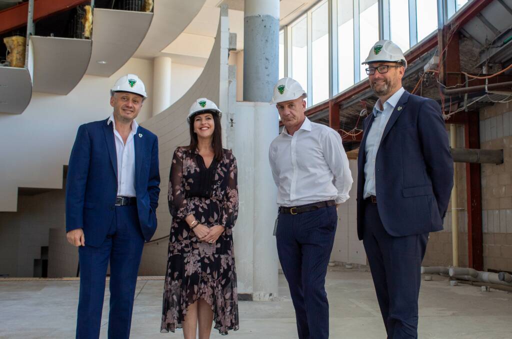 Antsy: NBL owner Larry Kestelman, Sport and Recreation Minister Jane Howlett, Premier Peter Gutwein and JackJumpers chief executive Simon Brookhouse at an empty DEC. Picture: supplied