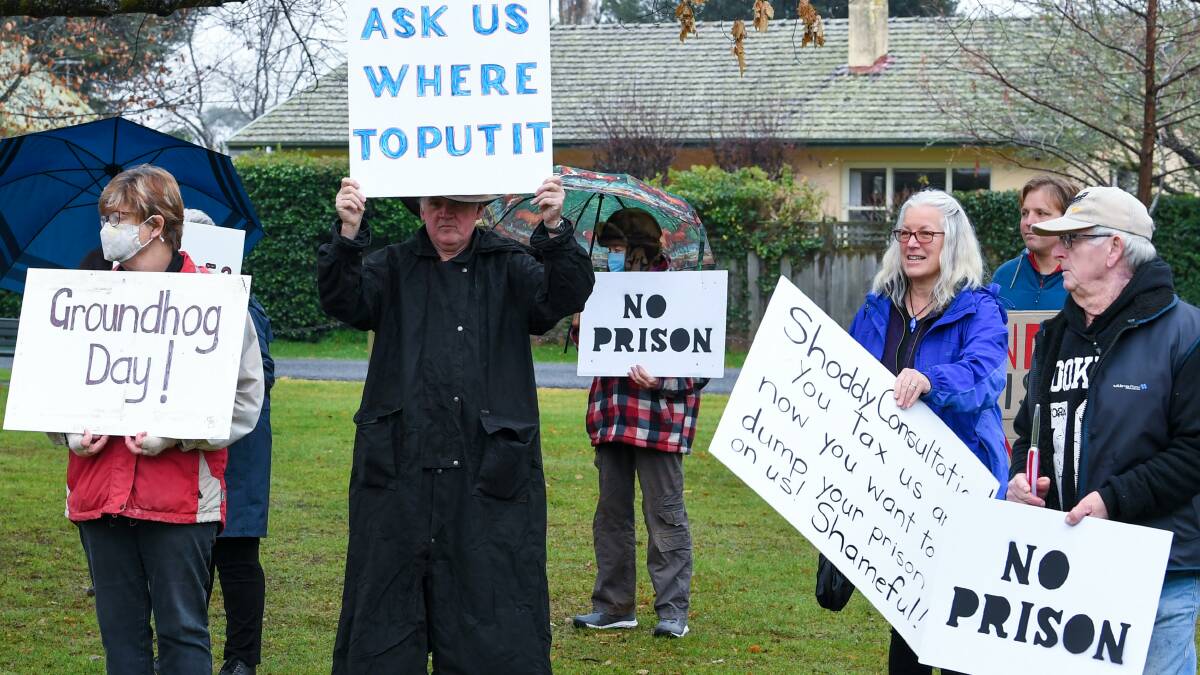 Not Wrapped: Members of Westbury Region Against Prison gathered at a socially distanced meeting on Monday at the Village Green. Picture: Neil Richardson