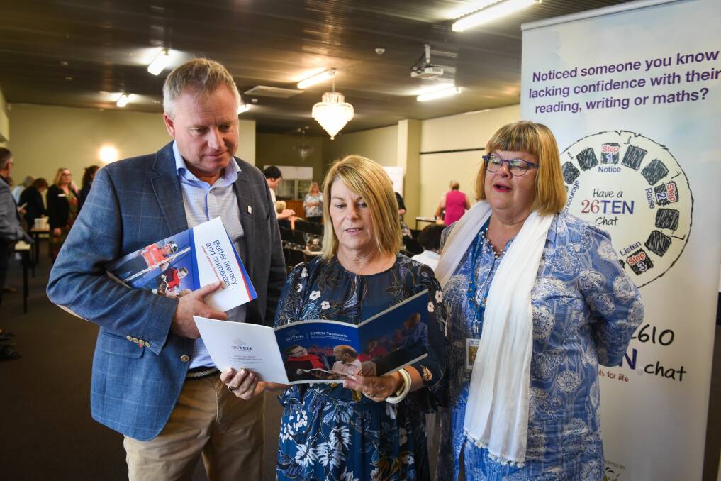 Having a chat: Minister for education, Jeremy Rockliff with Tascoss CEO Kym Goodes, and Launceston Community Legal Centre literacy coordinator Beylara Ra. Picture: Paul Scambler.