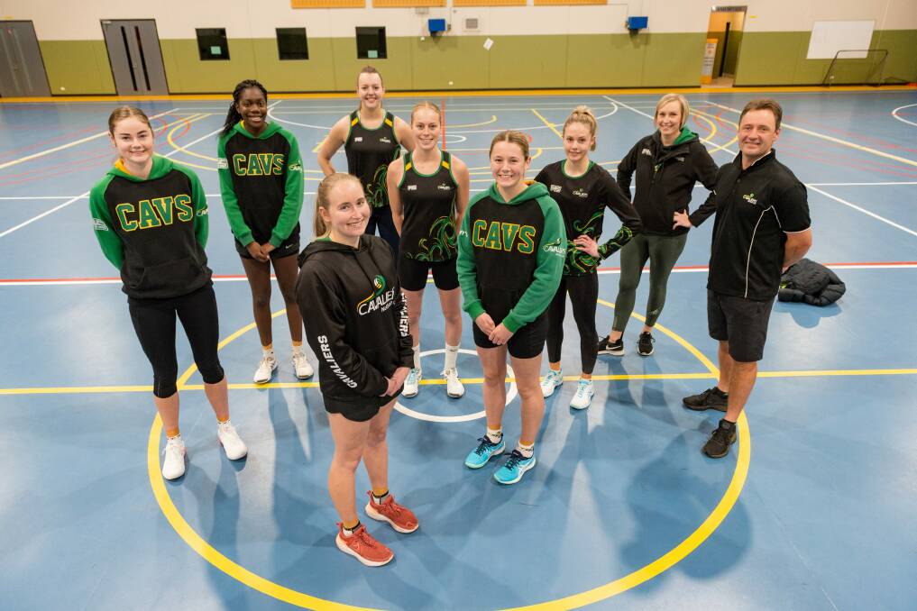 En garde: Hayley Older, Ellie Marshall [front], Olive Morris, Esther Kidmas, Hayley McDougall, Hannah Lenthall and Hannah Crawford with state assistant coaches Katie O'Neill and Dan Roden. Picture: Phillip Biggs