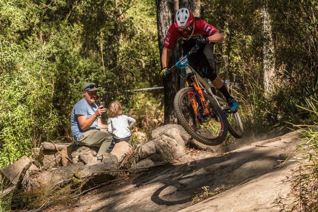 Extreme riding: Mountain biker Cody Kelley, of the USA, racing through Blue Derby Trails. Picture: Phillip Biggs
