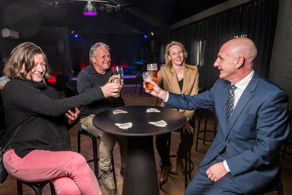 Cheers: Royal Oak owner and licensee Wendy Robbins, builder Philip Ponting, small business minister Sarah Courtney, Premier Peter Gutwein at Royal Oak as coronavirus restrictions are relaxed. Picture: Phillip Biggs