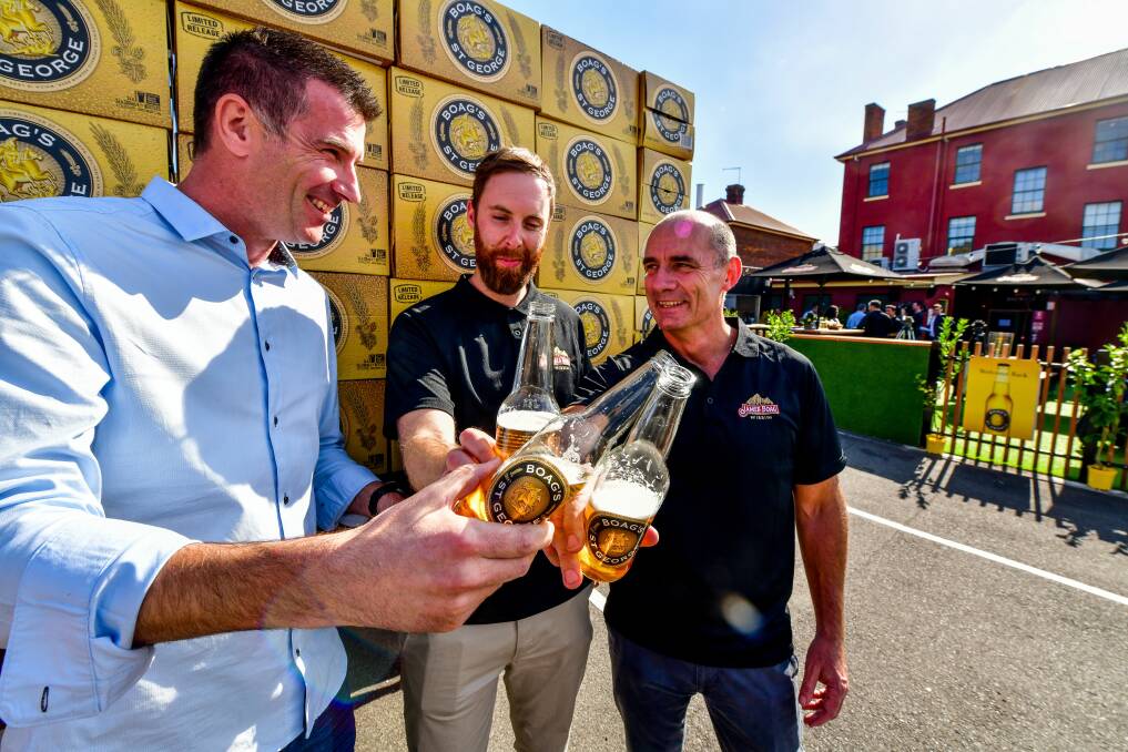 James Boag Tasmanian sales manager Brad Upton, brewer Stuart Campbell and Lion Managing Director, James Brindley at the relaunch of Boags St George . Picture: Scott Gelston