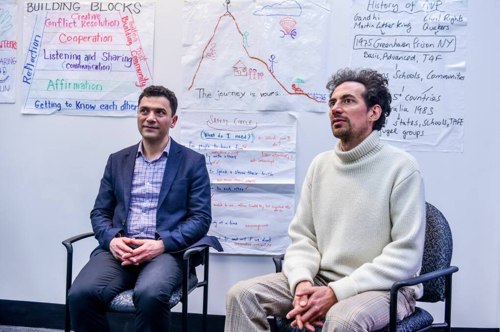 Robert Vakili and Xavier Lane -Mullins at Red Cross Mowbray participanting in Peaceful Pathways Alternatives to Violence Project. Picture: Neil Richardson