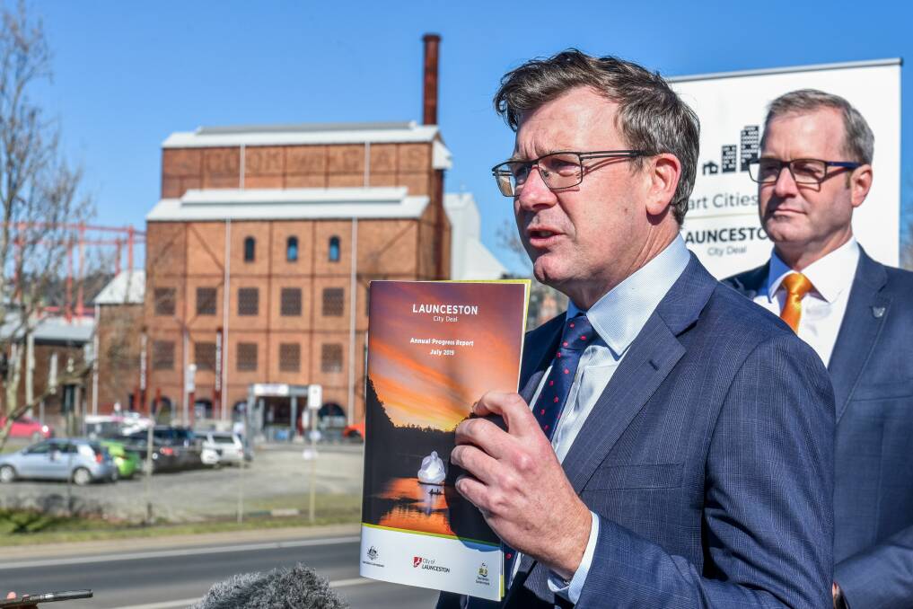 Federal minister for Population,Cities and Urban Infrastructure Alan Tudge delivers second annual progress report into the Launceston City Deal. Picture: Neil Richardson