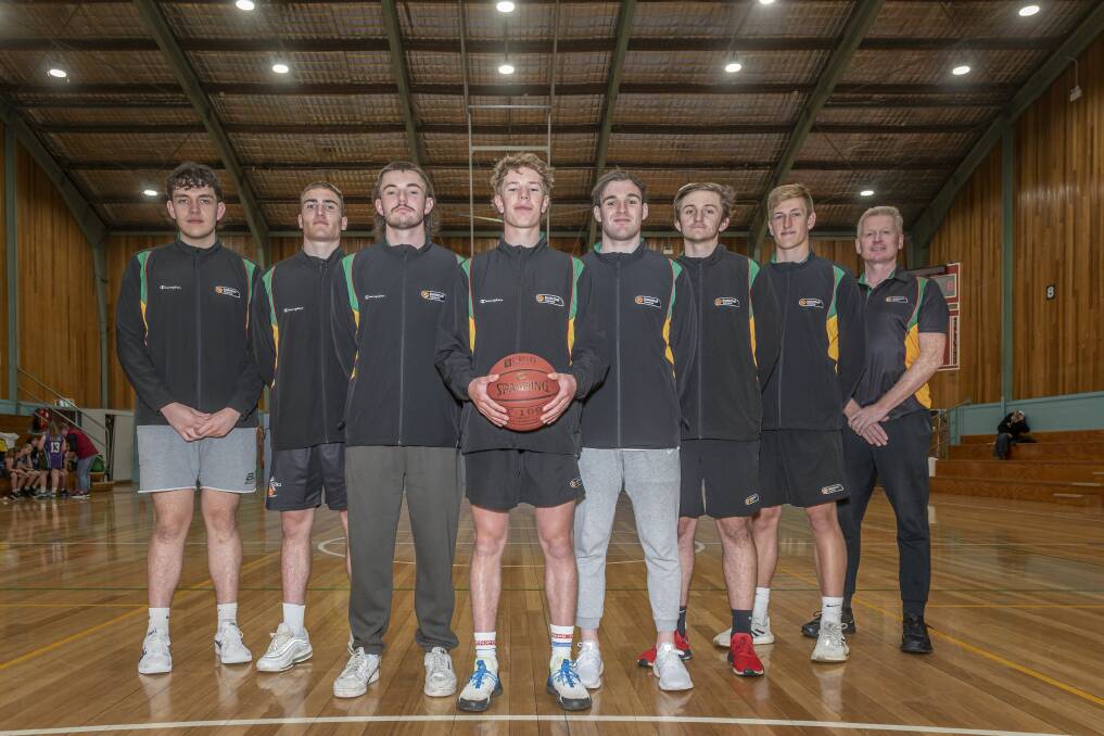 STARE DOWN: The North's Angus Kitson, Sejr Deans, Harry Flint, Jai Lette, Marshall Evans, Jackson Lowe, Ben Jessup and assistant coach Brett Smith will represent Tasmania at nationals next week.