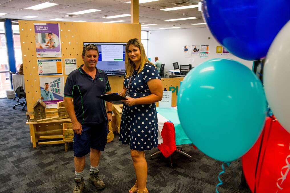 Tasmanian Electrical Service's Denis Williams and Employment Plus's Narissa McElwee at the Connecting Futures job fair. Picture: Scott Gelston 