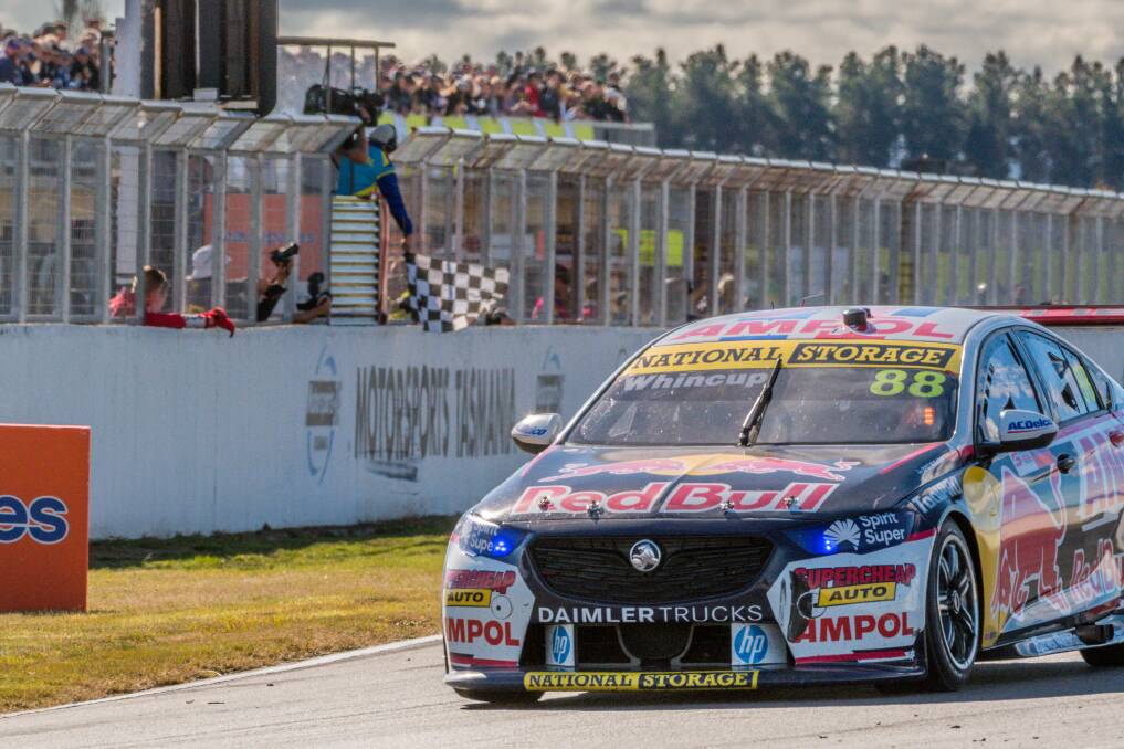 HERE WE GO AGAIN: Red Bull Ampol's Jamie Whincup wins his 13th Supercars race at Symmons Plains. Picture: Phillip Biggs
