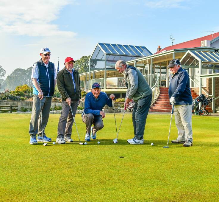 Rolling support: Launceston Golf Club veterans Rick Sindorf, Brian caldwell, Neil Heathcote, Steve Manson and Don Gee. Picture: Scott Gelston
